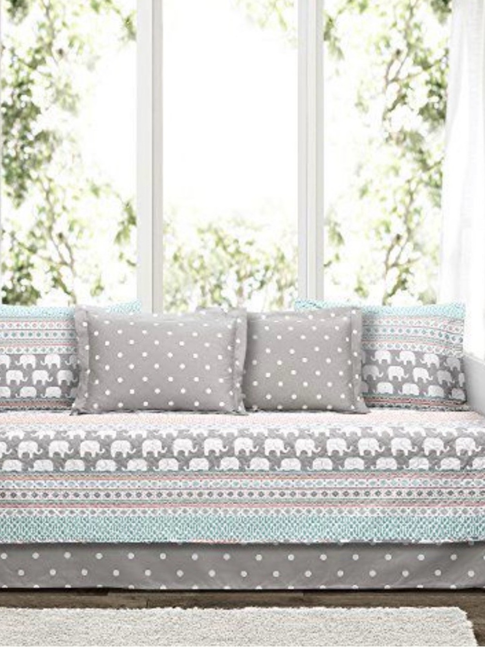 Gray & Mint Elephant Pattern Daybed Cover Set